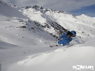 men's blue jumpsuit, snow, winter, mountains, skiing HD wallpaper