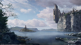 castle on edge of cliff beside body of water illustration, artwork, lake, castle