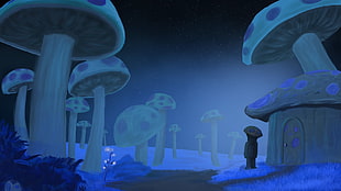 photo of mushroom house surrounded by mushrooms, Terraria, video games, artwork, mushroom
