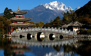 pagoda with bridge, China, bridge, water, mountains