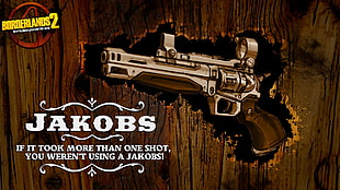 gray and brown revolver illustration with text overlay, Borderlands 2, video games