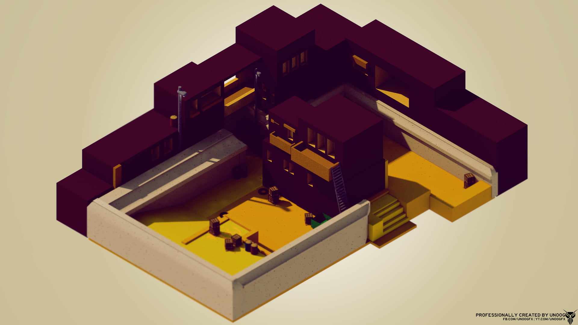 maroon and yellow house 3D plan illustration
