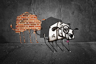 black and white animated dog illustration, animals, dog, graffiti, digital art
