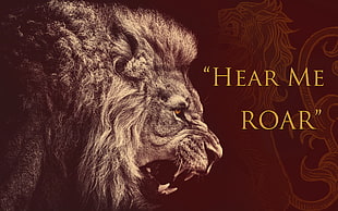 lion graphic art with hear me roar text overlay, lion, House Lannister, sigils, Game of Thrones