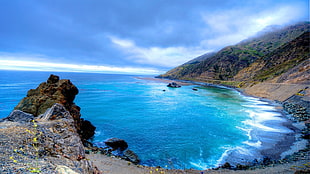 blue and white sea waves, landscape, coast, horizon, sea HD wallpaper