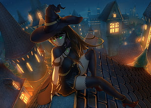 female witch anime character digital wallpaper, brunette, building, cape, gloves HD wallpaper
