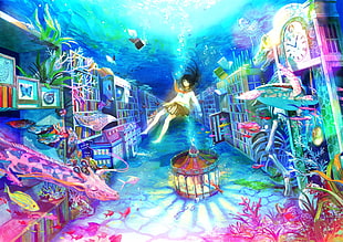 anime illustration, Fuji Choko, original characters, underwater, books