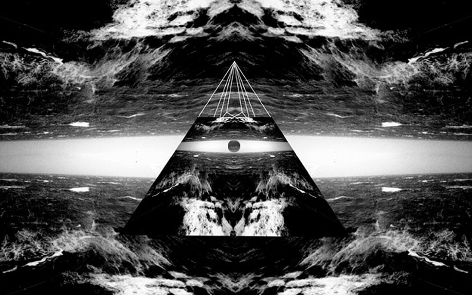 sea waves illustration, eyes, pyramid, abstract HD wallpaper
