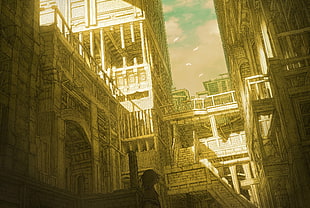 brown buildings animated wallpaper, ruin, alone, anime, artwork