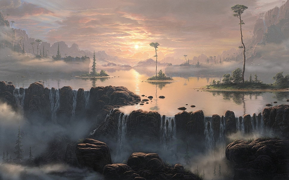 waterfalls illustration, landscape, fantasy art, lake, waterfall HD wallpaper