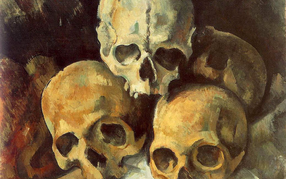 several skulls painting, skull, artwork, painting, Paul Cézanne HD wallpaper