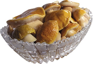 mushroom dish on clear glass bowl