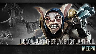 Meepo wallpaper with text overlay, meepo, Dota 2, video games, typography