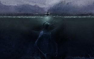 underwater photography of sea monster painting, sea, rain, ship, underwater