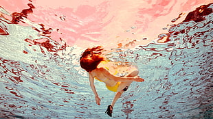 woman floating in water painting, women, water, underwater, high heels