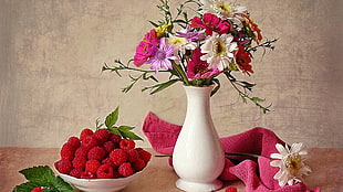 white and pink floral centerpiece, vases, raspberries, bouquets, flowers