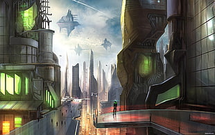 person standing near high-rise building digital wallpaper, futuristic, futuristic city, science fiction