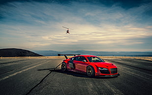 red coupe, Audi R8, helicopters, car, Audi