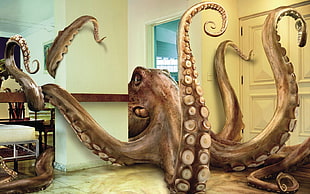 brown octopus painting, digital art, octopus