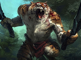 tiger painting, artwork, tiger, sword, jungle