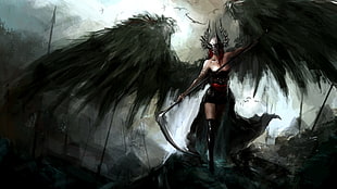 wings, scythe, dark, spear HD wallpaper