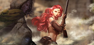female character holding brown hunting rifle wallpaper, gun, original characters, redhead