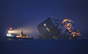 black ship, sea, ship, shipwreck, cargo HD wallpaper