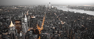 gray city buildings, city, New York City, selective coloring, lights