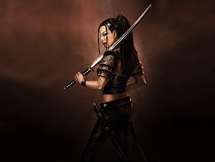 woman in gray and brown top holding black handle sword fictional character illustration