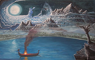 boat in flames and mountain covered with fog painting, painting, norse, mythology, mountains