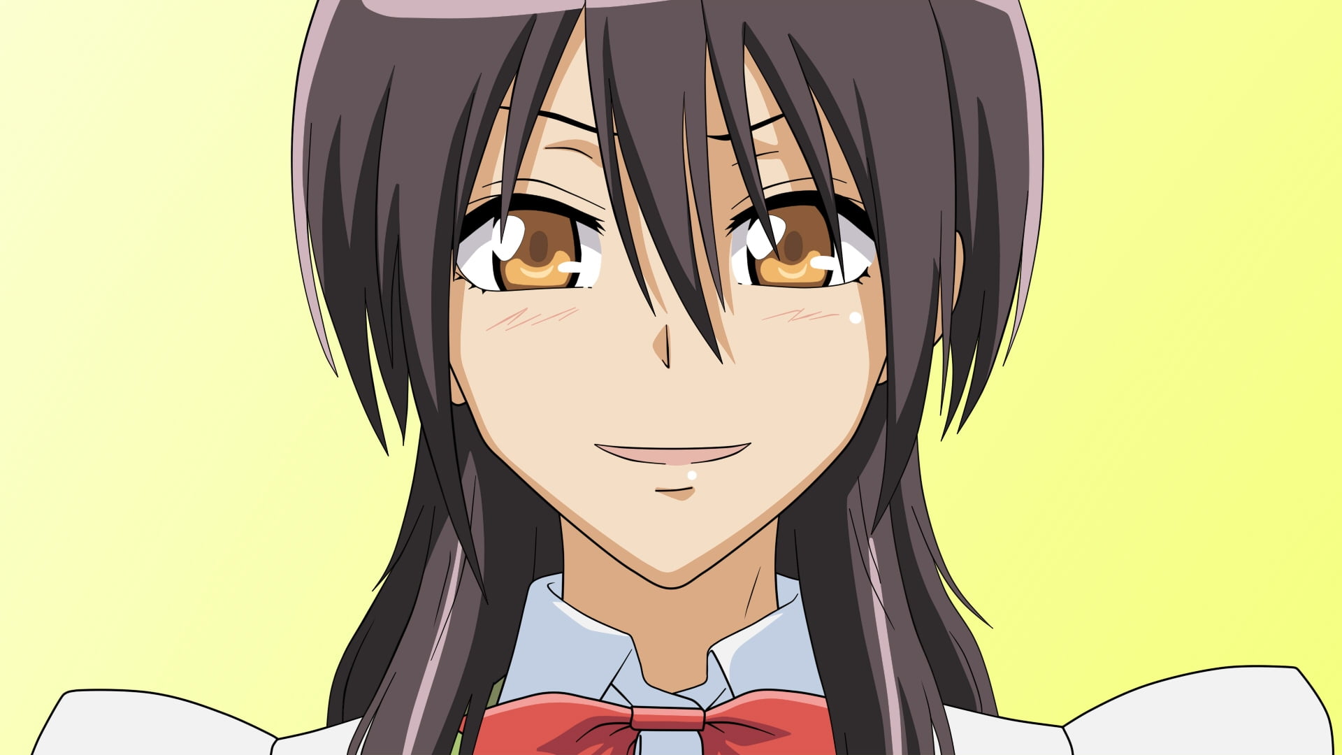 woman wears gray collared with ribbon anime character