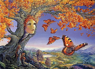 tree with woman face surrounded by butterflies photo