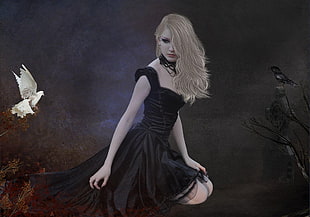 woman in black dress illustration HD wallpaper