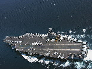 black and gray battleship, aircraft carrier, warship, military, aerial view HD wallpaper
