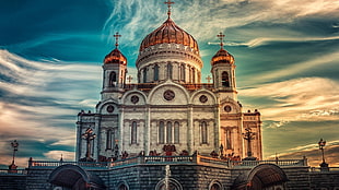 white and orange cathedral, architecture, building, cathedral, Moscow