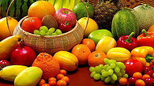 assorted fruits arranged near basket HD wallpaper