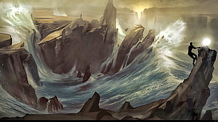 man climbing hill and raging waves painting, From Dust, fantasy art, waves, landscape