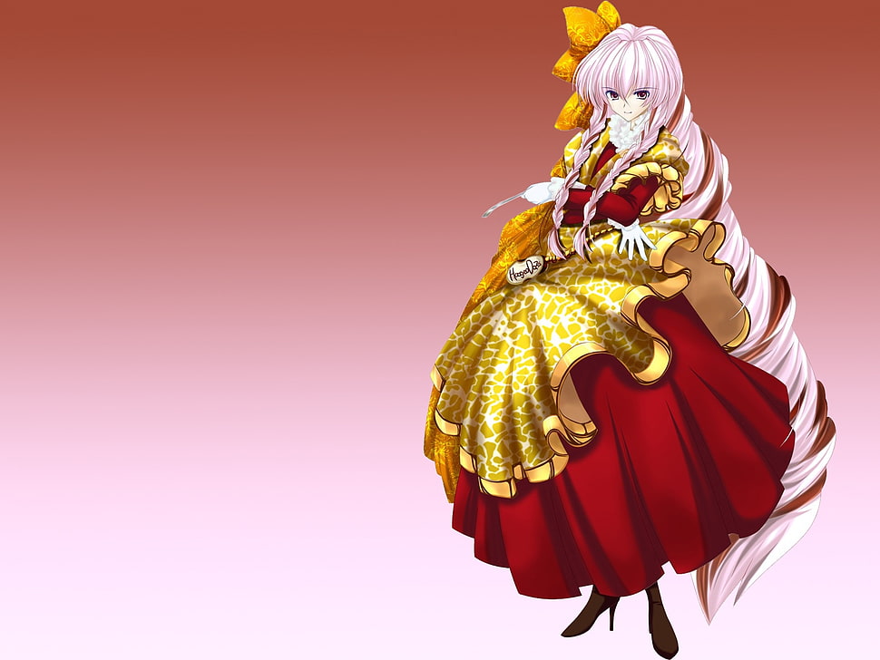 female anime character wearing red and yellow dress HD wallpaper