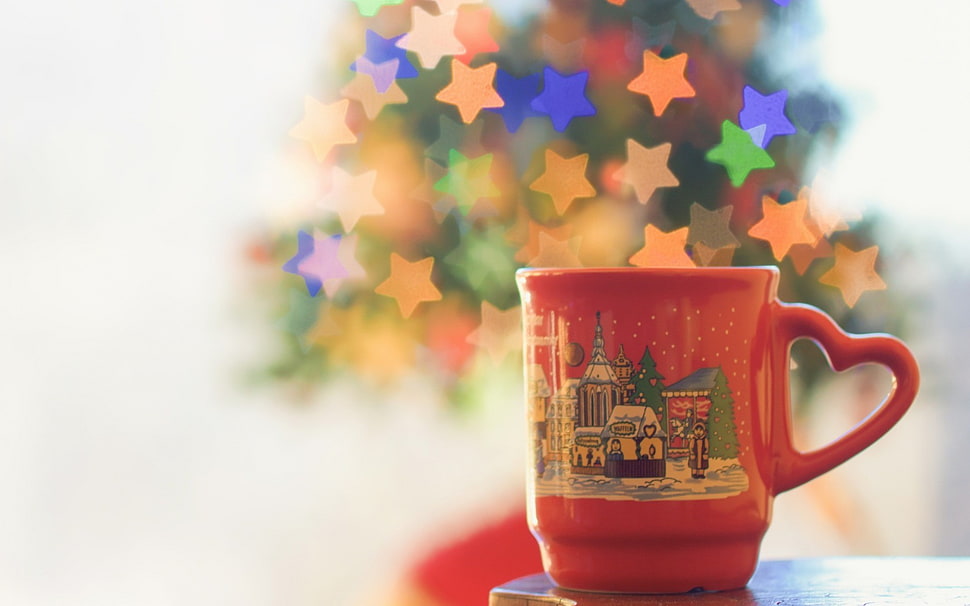 red and multicolored ceramic mug, Christmas, cup HD wallpaper