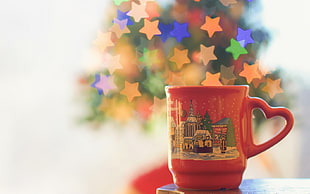 red and multicolored ceramic mug, Christmas, cup