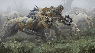 soldier and two wolf robots digital wallpaper