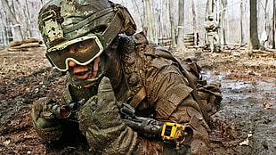 men's brown tactical gear set, military, soldier, mud, blank-firing adapter HD wallpaper