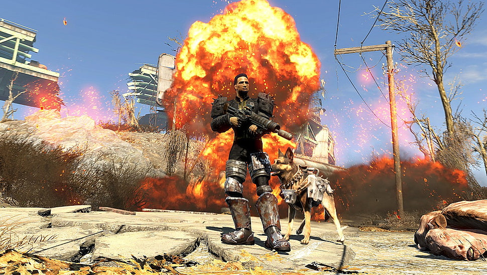 Fallout 4 game, Fallout, Fallout 4, explosion, dog HD wallpaper