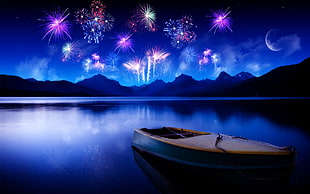 brown boat on body of water, fireworks, night, water, digital art