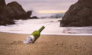 green tinted bottle near the seashore