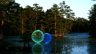 green and blue pet cages, water, reflection, long exposure, trees HD wallpaper