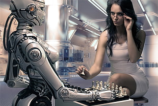 woman wearing white mini dress playing chess against robot