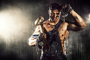 men's blue denim overall, work, men, muscles, hammer HD wallpaper