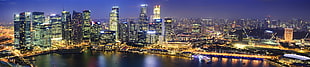 panorama photo of city near body of water during night tiem HD wallpaper