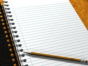 closeup photo of sharpened yellow pencil on black-lined spring notebook HD wallpaper